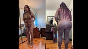 Black Babe Danae in a Sexy Gold Bathing Suit, Stripping, Fucking Her Dildo and Shooting Her Load