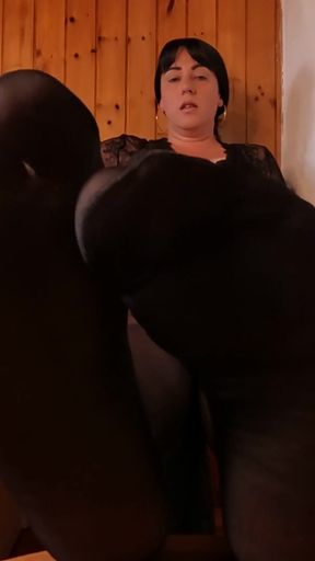 BBW in Black Stockings Shows Her Sweaty Stinky Feet