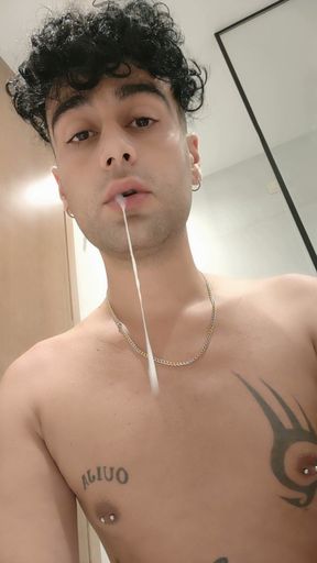 Spitting Guys Cum and Licking It Again in Hotel Bathroom - Cum Play
