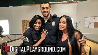 Behind the scenes look at brunette cop roleplay with big tits and ass
