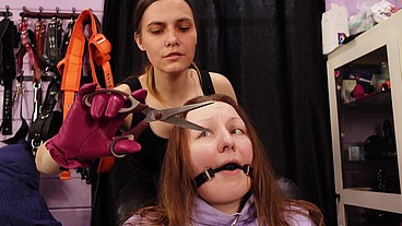 Lesbian Domination with Humiliation - cut hair - dirty talk. Leather Gloves. Domina and Submissive Slut in StraightJacket.