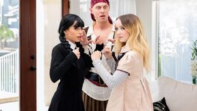 ”Halloween teens Aria Valencia & Maria Kazi share stepbrothers huge cock”