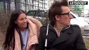 Slim European blonde & brunette duo share cock in public FFM threesome