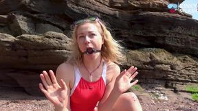 Gagged on the Beach Dripping and Drooling Down My Swimsuit