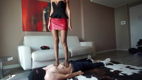 Dominant Babe Tramples Submissive Stud on Floor