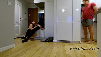 Slutty wife fucks the delivery guy next to her husband. Huge orgasm &amp_ squirt