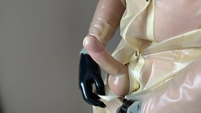 Latex glove and coat cumshot