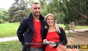 HUNT4K. Pregnant girl in red is tempted with money into pussy-drilling