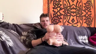 Sam Samuro Strokes Big Cock with Tight Masturbation Toy in Leather