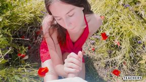 Girl decided to give me a nice blowjob during our camping in a field of red flowers