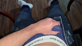 German champion in the home office! Jeans on glistening glans in the bosss chair with hot