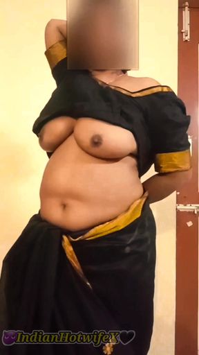 Desi Tamil Mature Wife Lux Black Saree Tease Shows Big Boobs Ass & Hairy Pussy!