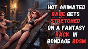 Sexy muscled redhead animated babe with hairy armpits is tied to a rack in the dungeon and stretched by two kinky fetishists in BDSM bondage