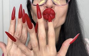 Long Red Nails, Fingers Sucking, Red Lips and Hot Handjobs