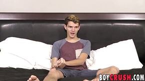 Skinny twink Max Rose jerks off solo during an interview