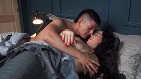 Busty Latina MILF rides young stepson in bed on vacation