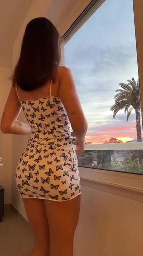 Skirt chaser POV of a sexy girl's skirt going up as the sun sets, she gets caugh