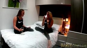 Young Bella Jane threesome dick riding with MILF and stud