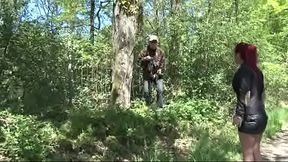 Hot redhead ass fucks old man in bushes