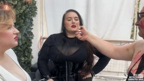 Sissy slave used as an ashtray by 3 Mistresses