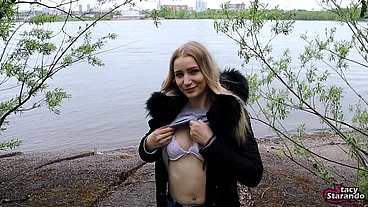 Teen student fucked on public outdoor in mouth and pussy and cum on her jacket!