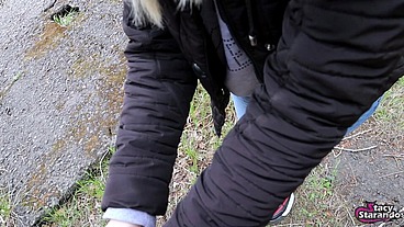Teen student fucked on public outdoor in mouth and pussy and cum on her jacket!