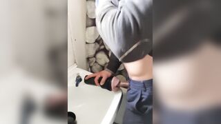 Farm hunk on break pounds fleshlight on bathroom sink till cum