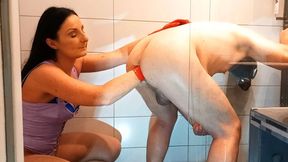 In the shower very deep into the ass cunt
