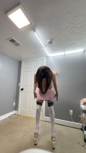 Hot trans in sexy pink mini dress teasing