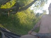 Caught naked and vulnerable by a public lake. Kayaker passing while experimenting self bondage