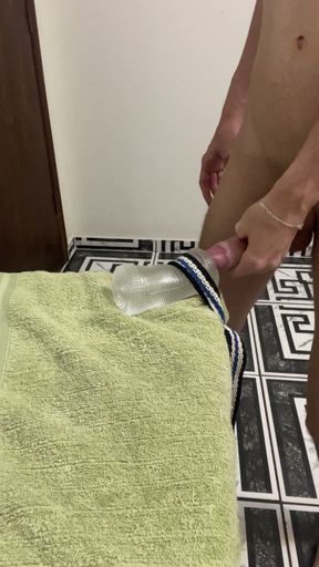 Skinny twink with big dick fucking his toy