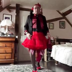 In an outfit with a red petticoat for a night out