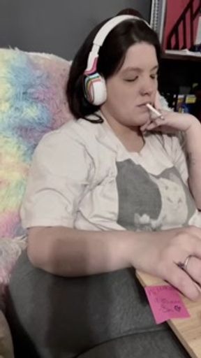 shy chubby, big tit, milf smokes while working. asmr possibly.