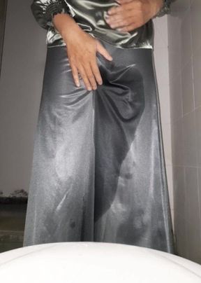 Satin Silver Long Skirt Pissed and Cum Rag