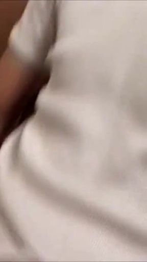 Horny pigtail brunette jerks his cock and gets a warm load on her tits