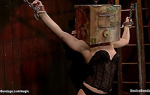 Blond in eagle spread bondage vibrated