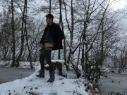 Romantic frozen lake jerking off