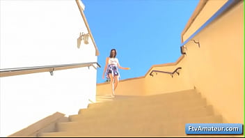 Sexy blonde amateur teen Aveline finger her juicy pierced juicy pussy outdoors