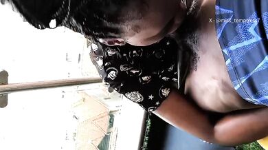 Ebony balcony backshots cum swallow deepthroat blowjob