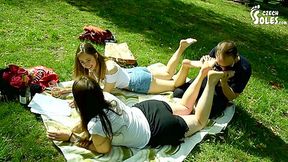 Two Barefoot Chicks In Park Having Their Feet Worshiped By A Stranger (foot Worship Public Feet)