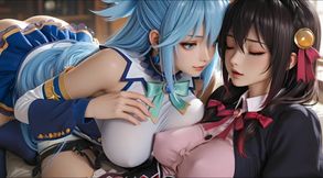 SFW Aqua and yunyun From konosuba soft show touching and kissing lesbian
