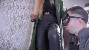 Making him lick my spit from leather jeans and ballbusting him