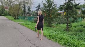 Taking off her Gianmarco Lorenzi pumps and walks barefoot in sheer tights, shoeplay, walking without high heels