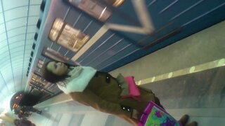 flashing and cumshot for sexy teen girl in stockings at subway car