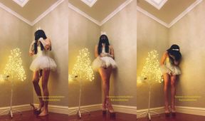 Chinese Ladyboy in Gauze Skirt Cums Next to Christmas Tree