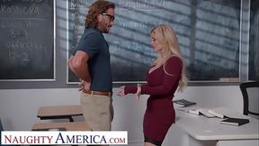 Naughty America - Busty professor, Casca Akashova, helps take care of her student'_s boner by taking his cock on her desk