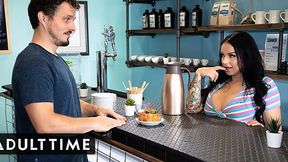 Chubby barista Payton Preslee gets intimate with a coworker in the coffee shop