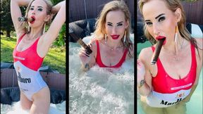 Marlboro girl smokes a Giant cigar in the Whirlpool