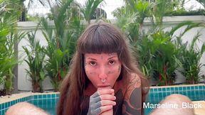 Inked brunette slut sucks dick POV