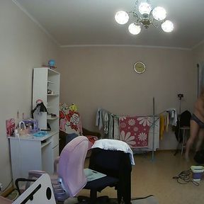 mother-in-law cleans the room naked